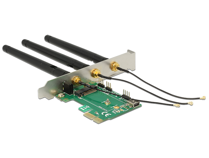 PCI Express Karte an 1x intern M.2 Key A Slot mit 3 externen Antennen – Low Profile Formfaktor, Delock® [89568]