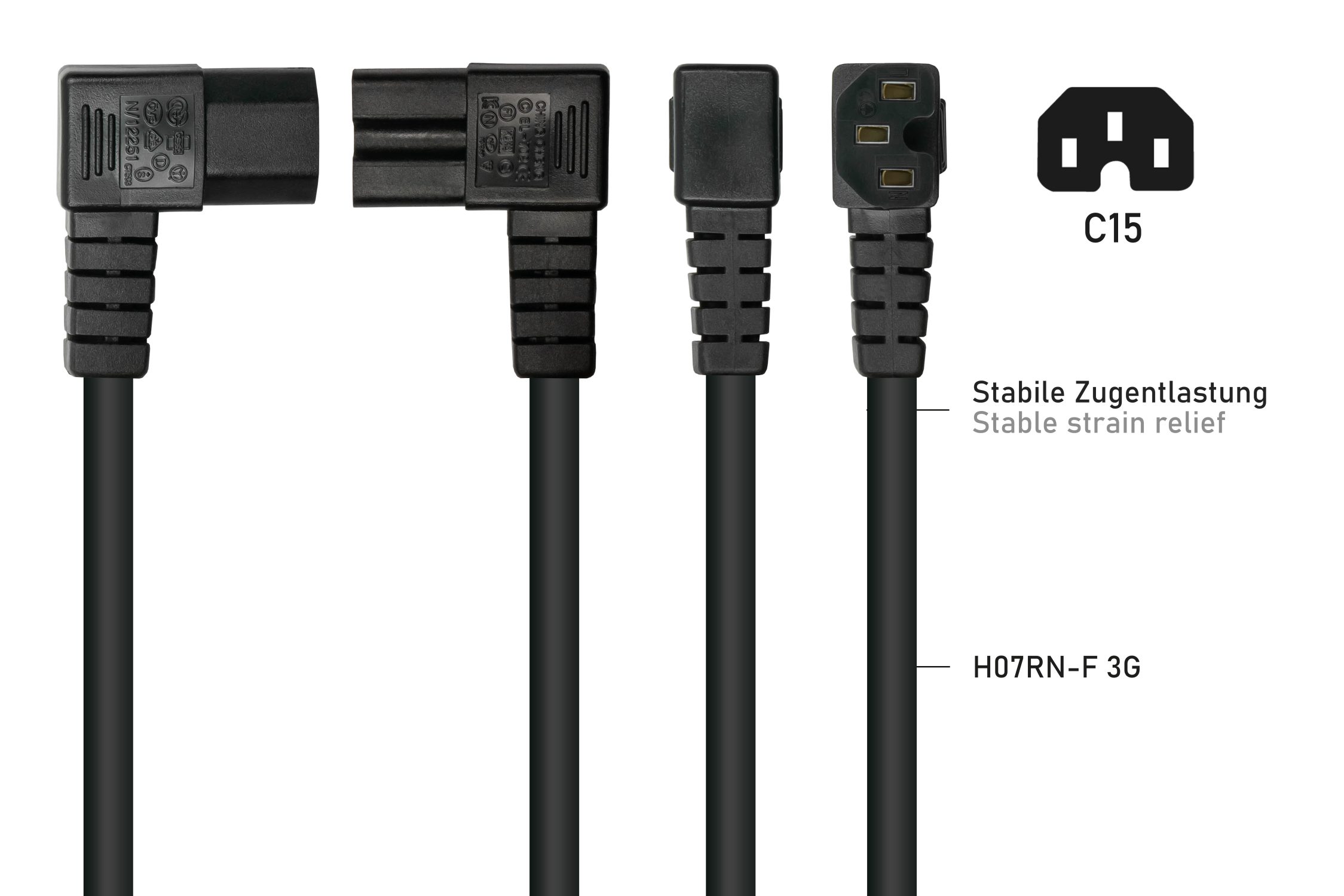 kabelmeister® Netzkabel Schutzkontakt-Stecker Typ E+F (90° gew.) an Warmgeräte-Buchse C15 (r. gew.), schwarz, 1,50mm², 0,5m