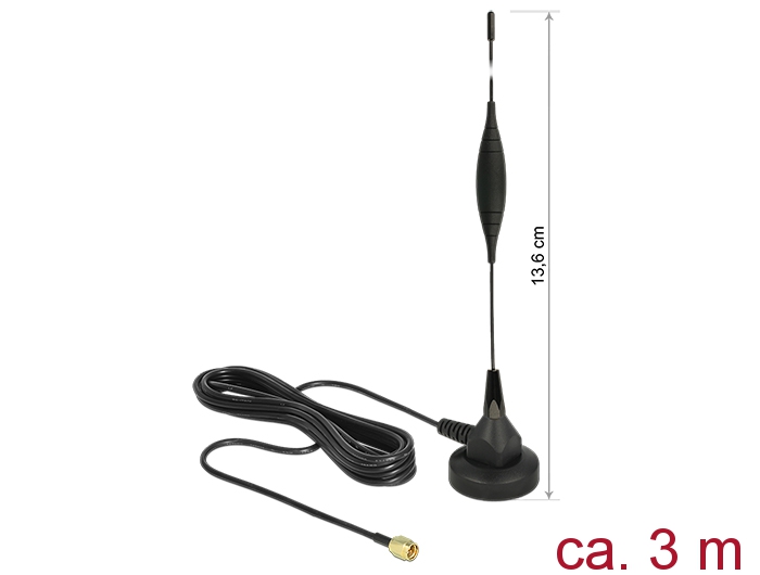GSM Antenne SMA Stecker 5dBi starr omnidirektional, magnetischer Standfuß, Anschlusskabel (RG-174, 3m), outdoor schwarz, Delock® [12422]
