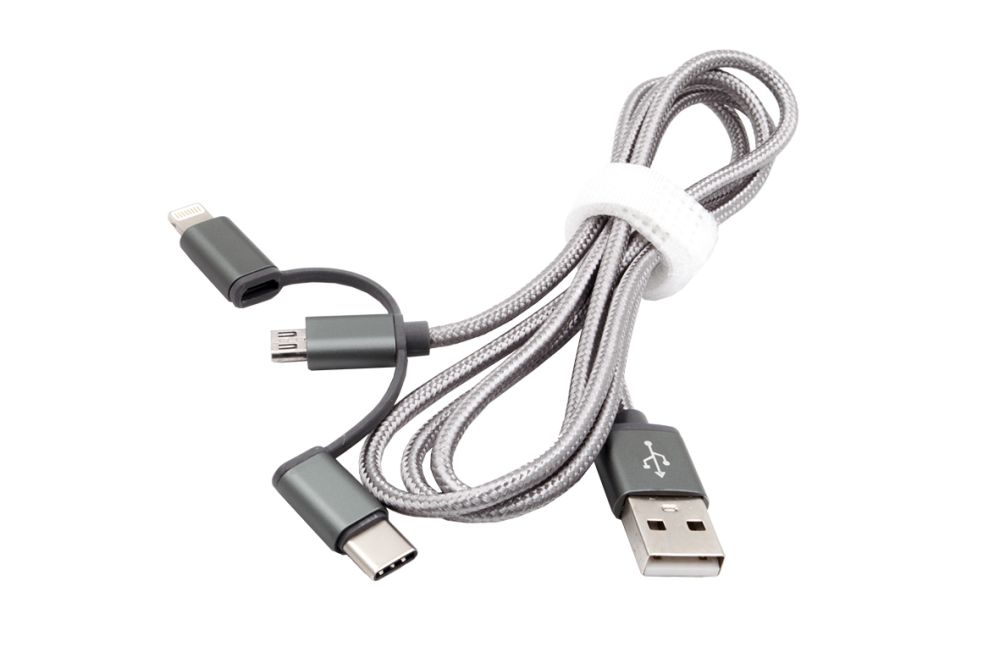 USB Ladekabel, 3-in-1 Lightning, C & Micro-USB Anschluss für Apple & Android Produkte, silber, 1m, Exsys® [EX-K1403]