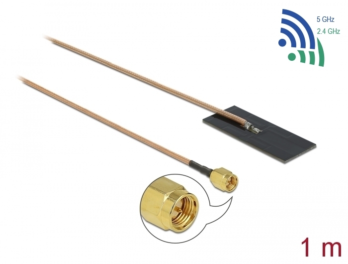 WLAN 802.11 ac/ax/a/h/b/g/n Antenne, SMA Stecker, 0,5-1,2dBi, RG-178, 1m, PCB intern, Klebemontage, Delock® [12610]