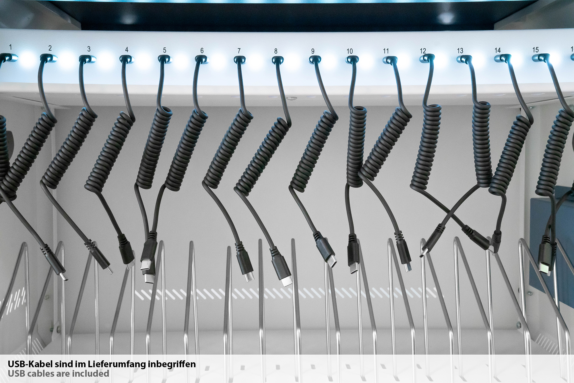 Good Connections® GEMMA T16C Ladeschrank/-wagen für 16 Geräte, USB-C™, 18W pro Port, PD 3.0, QC 3.0, weiß/blau