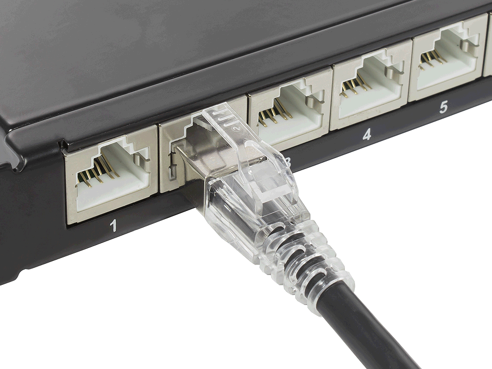 RNS® patch cable with latch protection and locking device, Cat. 6A, S/FTP, PiMF, halogen-free, 500MHz, black, 2m, Good Connections®