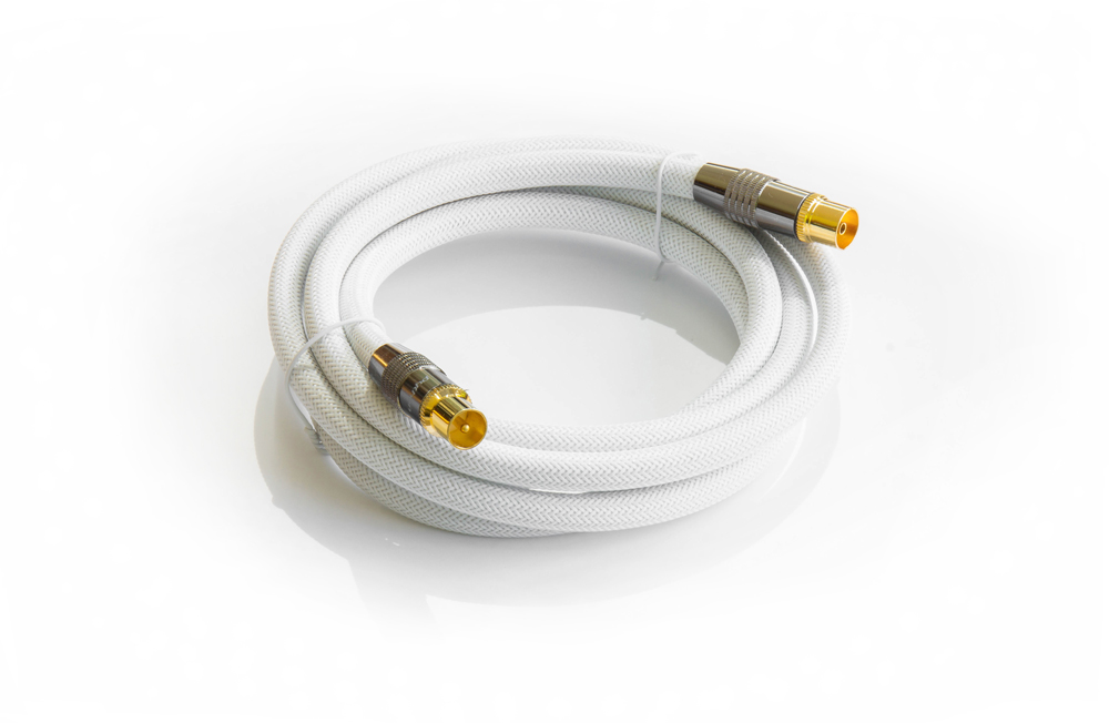 TV Antennenkabel, IEC/Koax Stecker an Buchse, vergoldet, vierfach geschirmt, 120 dB, 75 Ohm, Nylongeflecht, weiß, 20m, PYTHON® Series