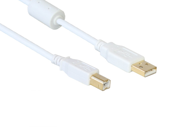 Anschlusskabel USB 2.0 Stecker A an Stecker B, mit Ferritkern, vergoldet, weiß, 5m, Good Connections®
