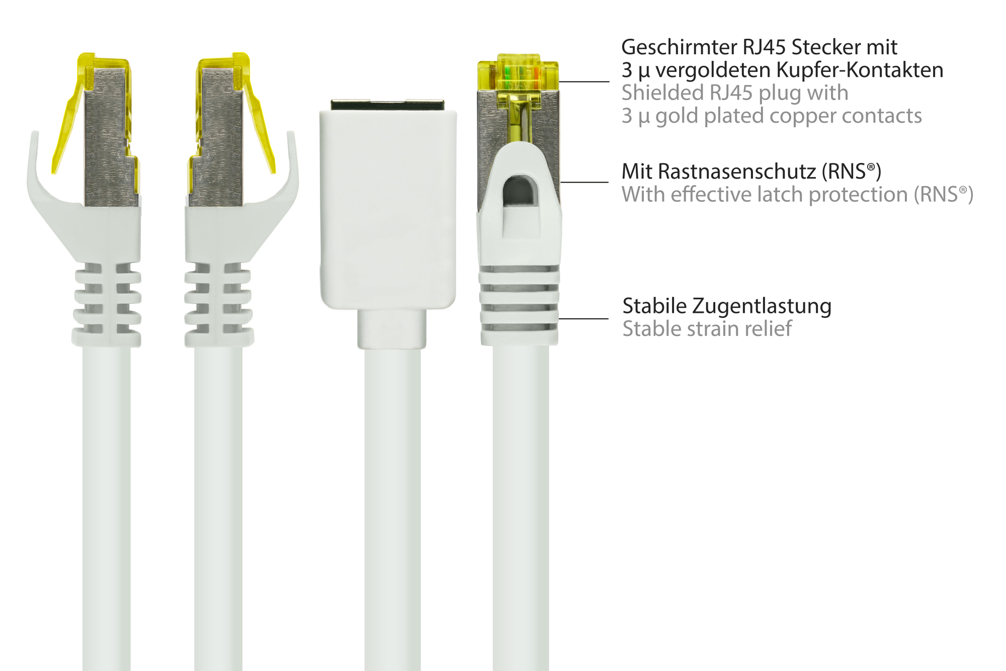 RJ45 Patchkabelverlängerung mit Cat. 7 Rohkabel und Rastnasenschutz (RNS®), S/FTP, PiMF, halogenfrei, 500MHz, OFC, weiß, 0,5m, Good Connections®