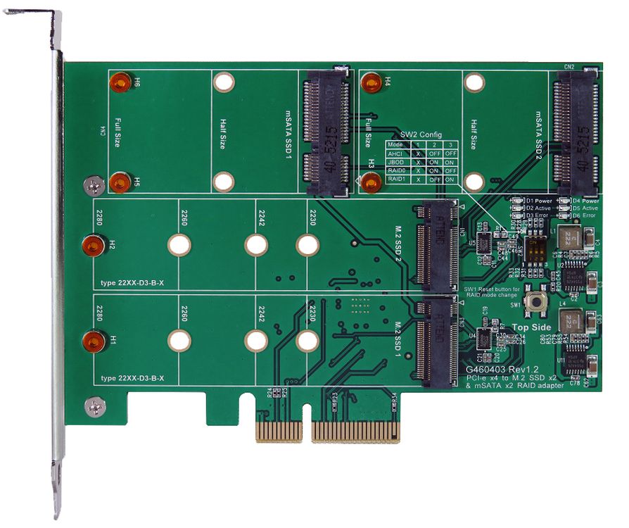 PCIe (x2) RAID 0/1 Controller für M.2 NFGG & mSATA Module für je zwei SSD, Exsys® [EX-3649]