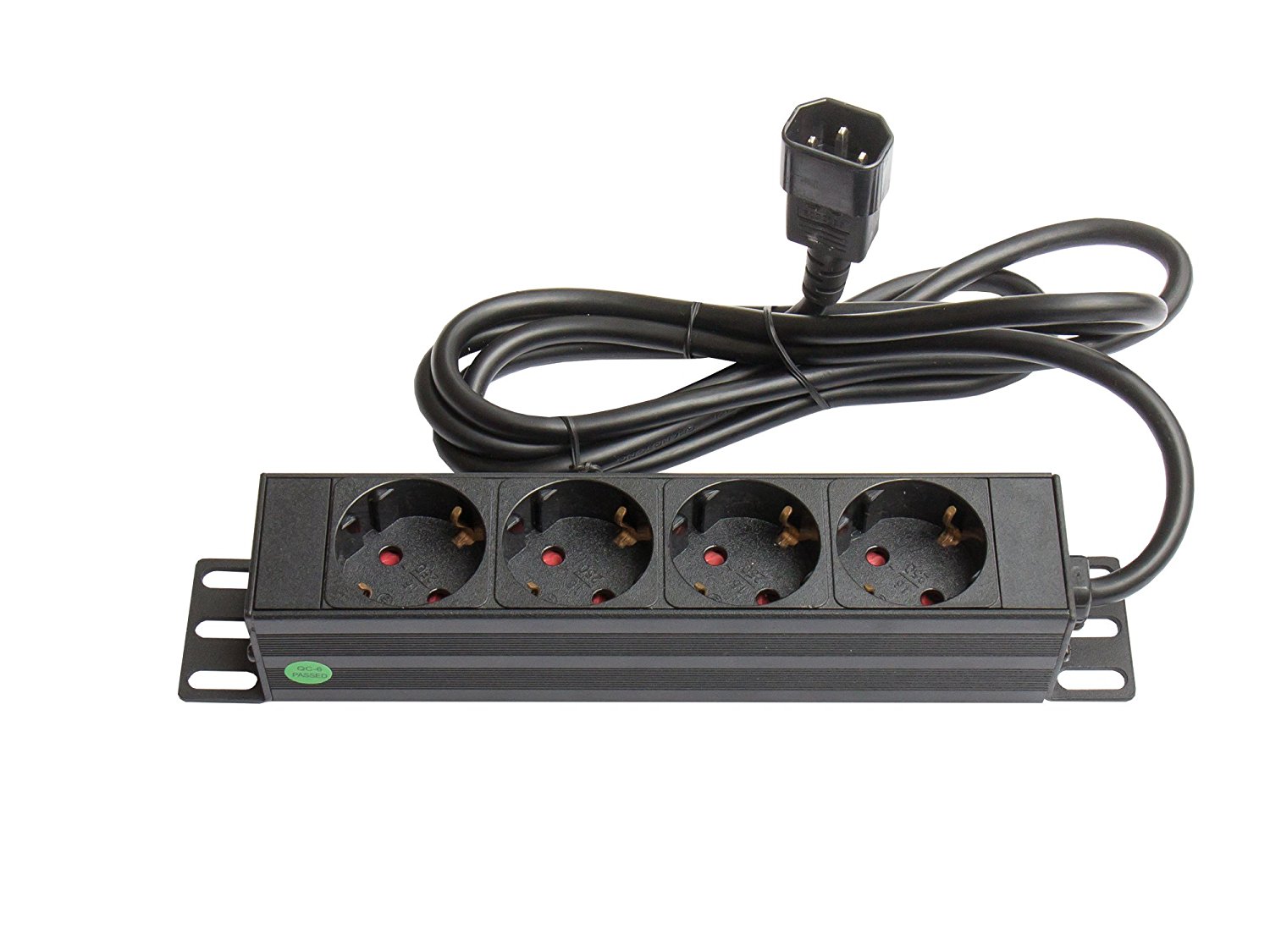 10" PDU Steckdosenleiste, 1HE, Kaltgeräte-Stecker C14 an 4x Schutzkontakt-Buchse, Berührungsschutz, Aluminiumprofil, schwarz, Good Connections®