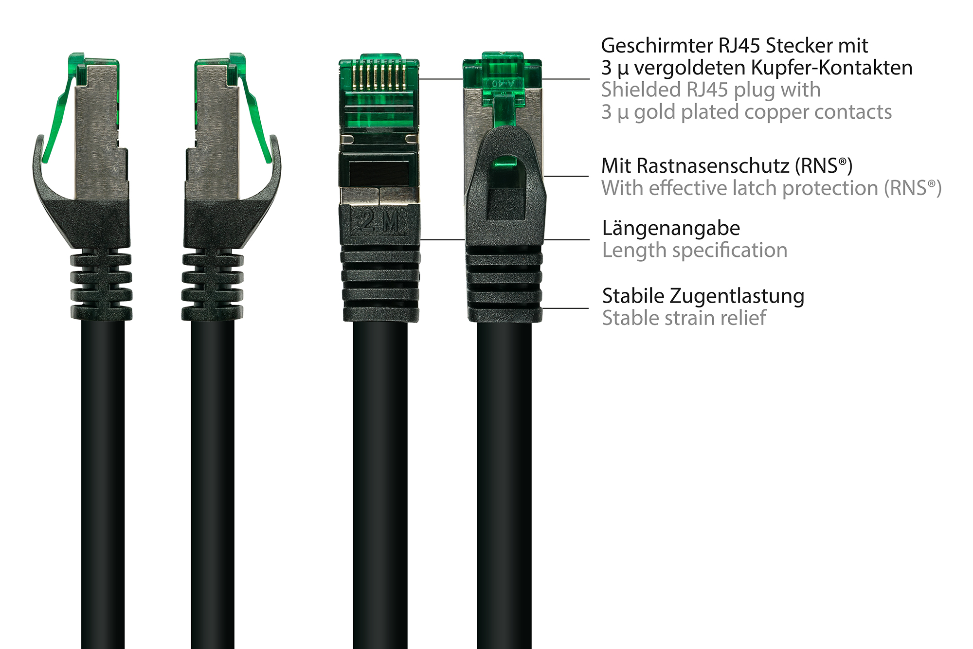 RNS® Patchkabel mit Rastnasenschutz, Outdoor (IP66), Cat.6A, S/FTP, PiMF, 500MHz, CU, schwarz, 30 m, Good Connections®