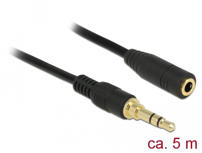 Klinkenverlängerungskabel 3,5 mm 3 Pin Stecker zu Buchse, schwarz, 5m, Delock® [85590]