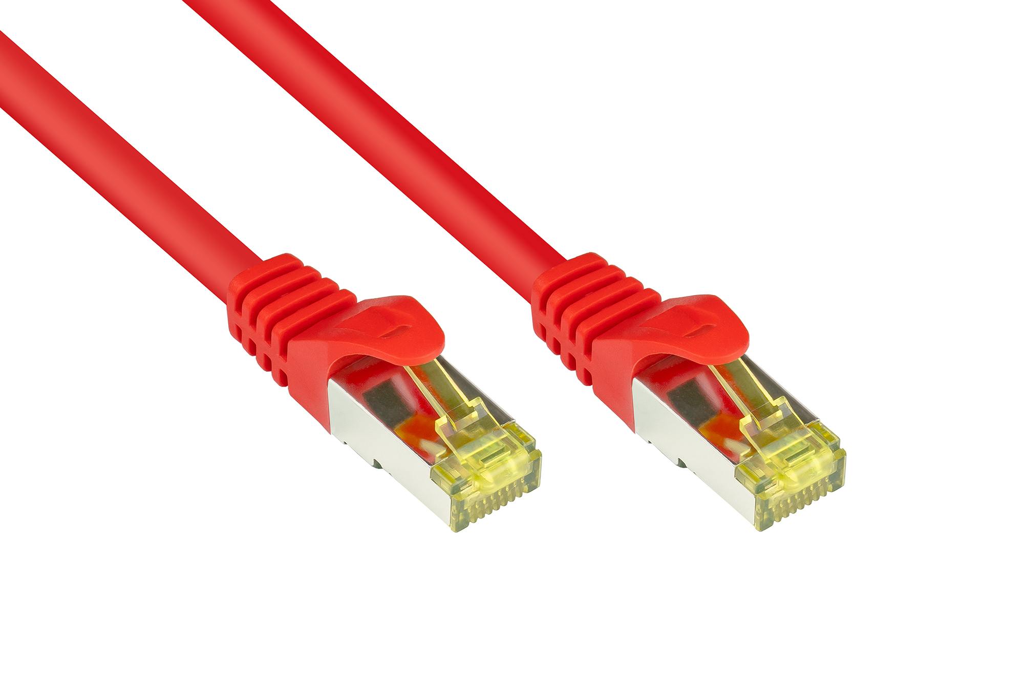 RJ45 Patchkabel mit Cat. 7 Rohkabel und Rastnasenschutz (RNS®), S/FTP, PiMF, halogenfrei, 500MHz, OFC, rot, 15m, Good Connections®
