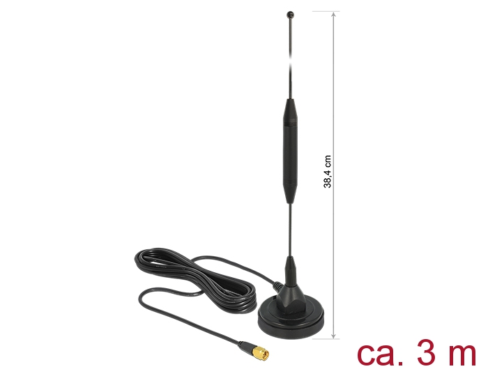 GSM Antenne SMA Stecker 3,5dBi starr omnidirektional, magnetischer Standfuß, Anschlusskabel (RG-174, 3m), outdoor schwarz, Delock® [12423]