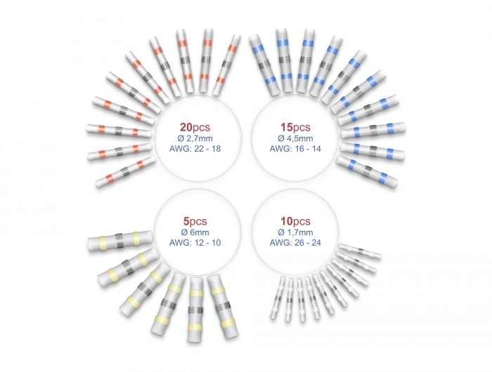 Lötdrahtverbinder wasserdicht Set 50 Stück 26 - 10 AWG farbig, Delock® [20850]