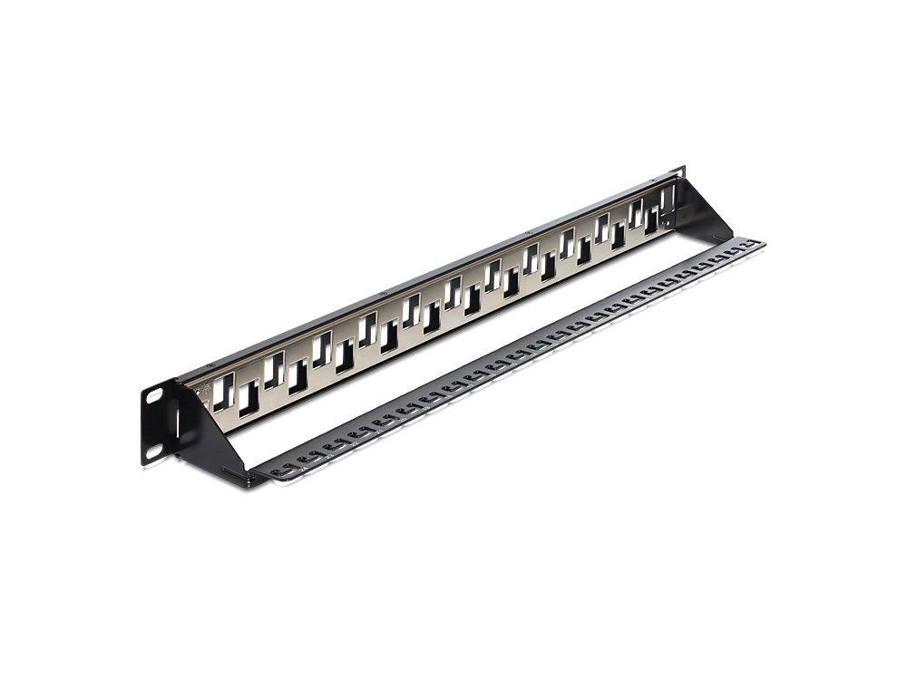 Patchpanel Keystone, 19" 1HE, 24-Port abgestuft mit Entlastungschiene, schwarz, Delock® [43278]