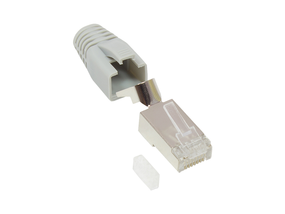 RJ45 Netzwerkstecker Cat.6A, geschirmt, für Cat.7, Cat.6A, Cat.6 Kabel, inkl. Zugentlastung und Einfädelhilfe, grau, Good Connections®