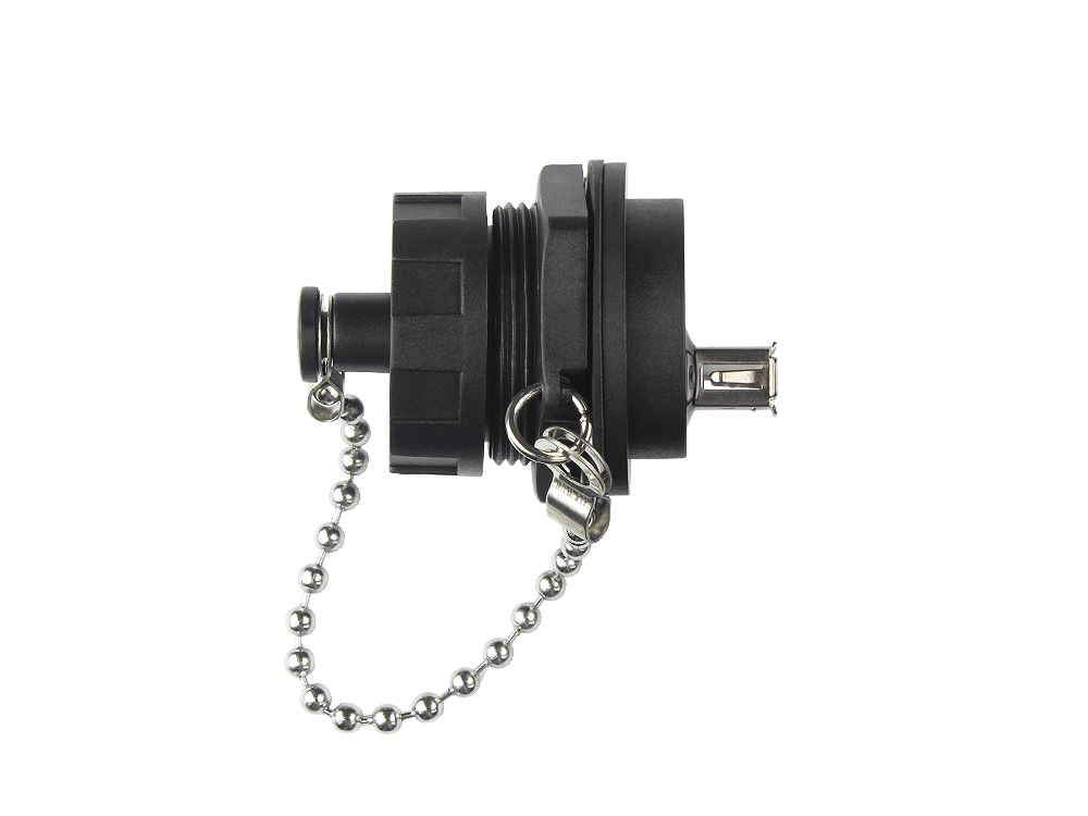 Industrie-Steckverbinder S4 - USB 2.0 Durchführungskupplung, Buchse A beidseitig, einseitig mit Deckel, Bajonett, IP67, schwarz, Good Connections®