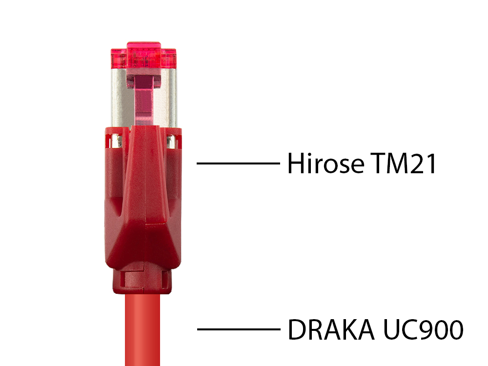 Patchkabel mit Cat. 7 Draka UC900 Rohkabel (900MHz) und Hirose TM21 Stecker (250MHz) beidseitig, S/FTP, PiMF, halogenfrei (LSZH), KUPFER, rot, 29m