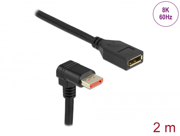 DisplayPort Verlängerungskabel Stecker 90° unten gewinkelt zu Buchse 8K 60 Hz, schwarz, 2 m, Delock® [87091]