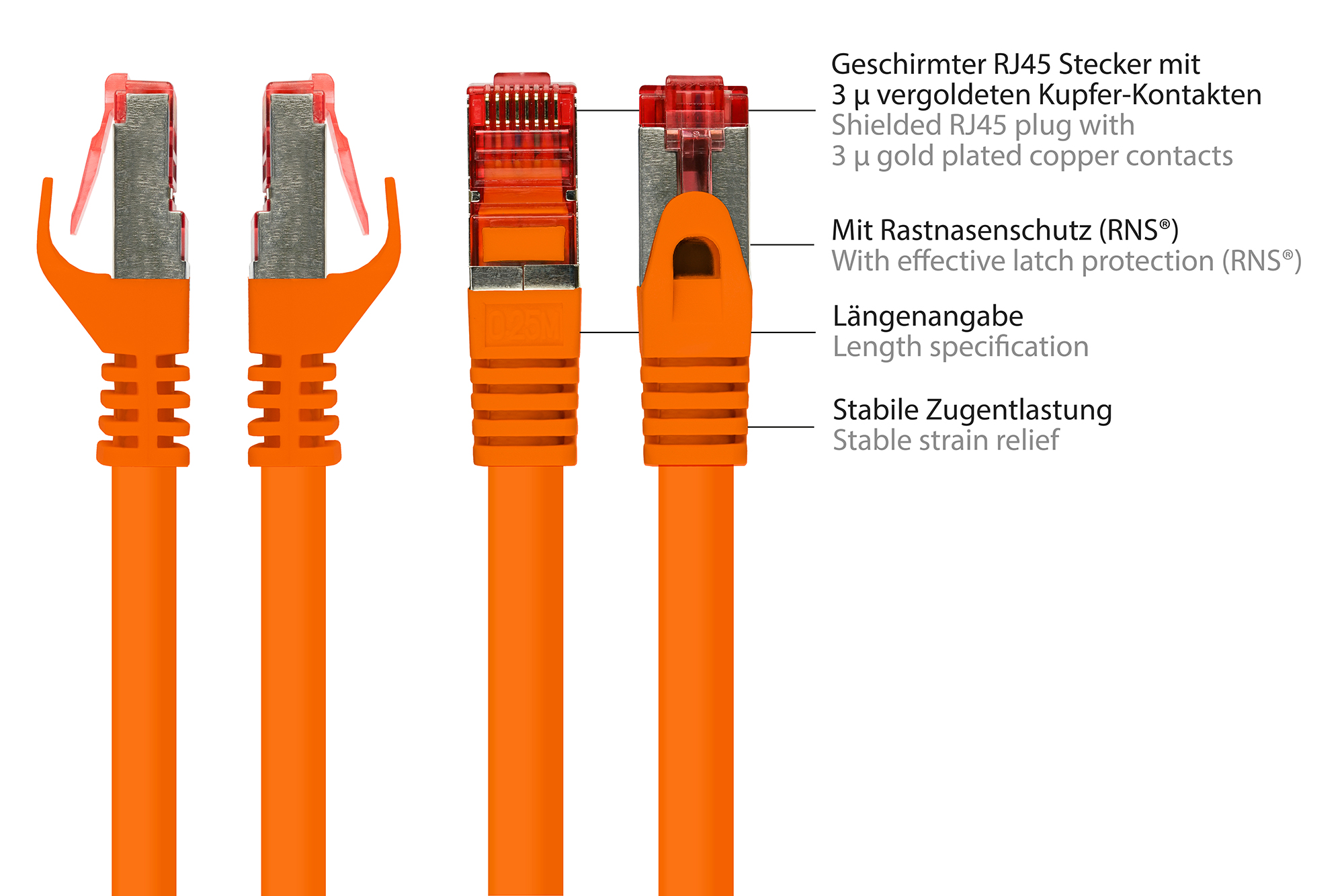 RNS® Patchkabel mit Rastnasenschutz, Cat. 6, S/FTP, PiMF, PVC, 250MHz, orange, 40m, Good Connections®