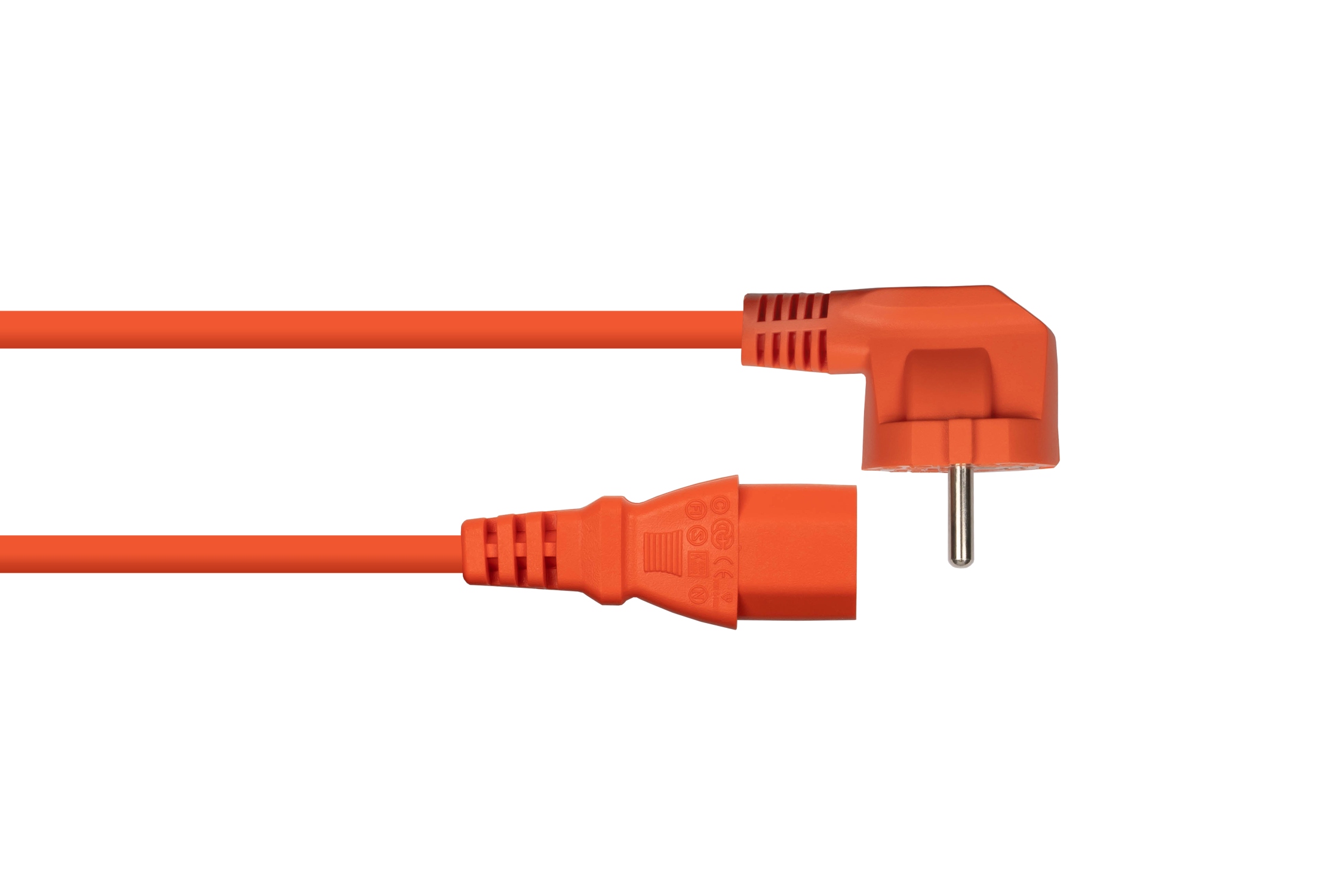 kabelmeister® Netzkabel Schutzkontakt-Stecker Typ E+F (90° gew.) an Kaltgeräte-Buchse C13, orange, 1,50mm², 10m