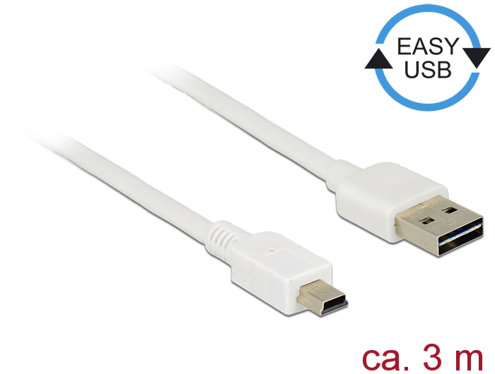 Kabel EASY-USB 2.0 Typ-A Stecker an USB 2.0 Typ Mini-B Stecker, weiß, 3 m, Delock® [85161]