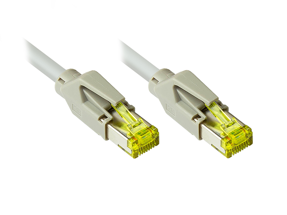 Patchkabel mit Cat. 7 Draka UC900 Rohkabel (900MHz) und Hirose TM31 Stecker (500MHz) beidseitig, S/FTP, PiMF, halogenfrei (LSZH), KUPFER, grau, 2m