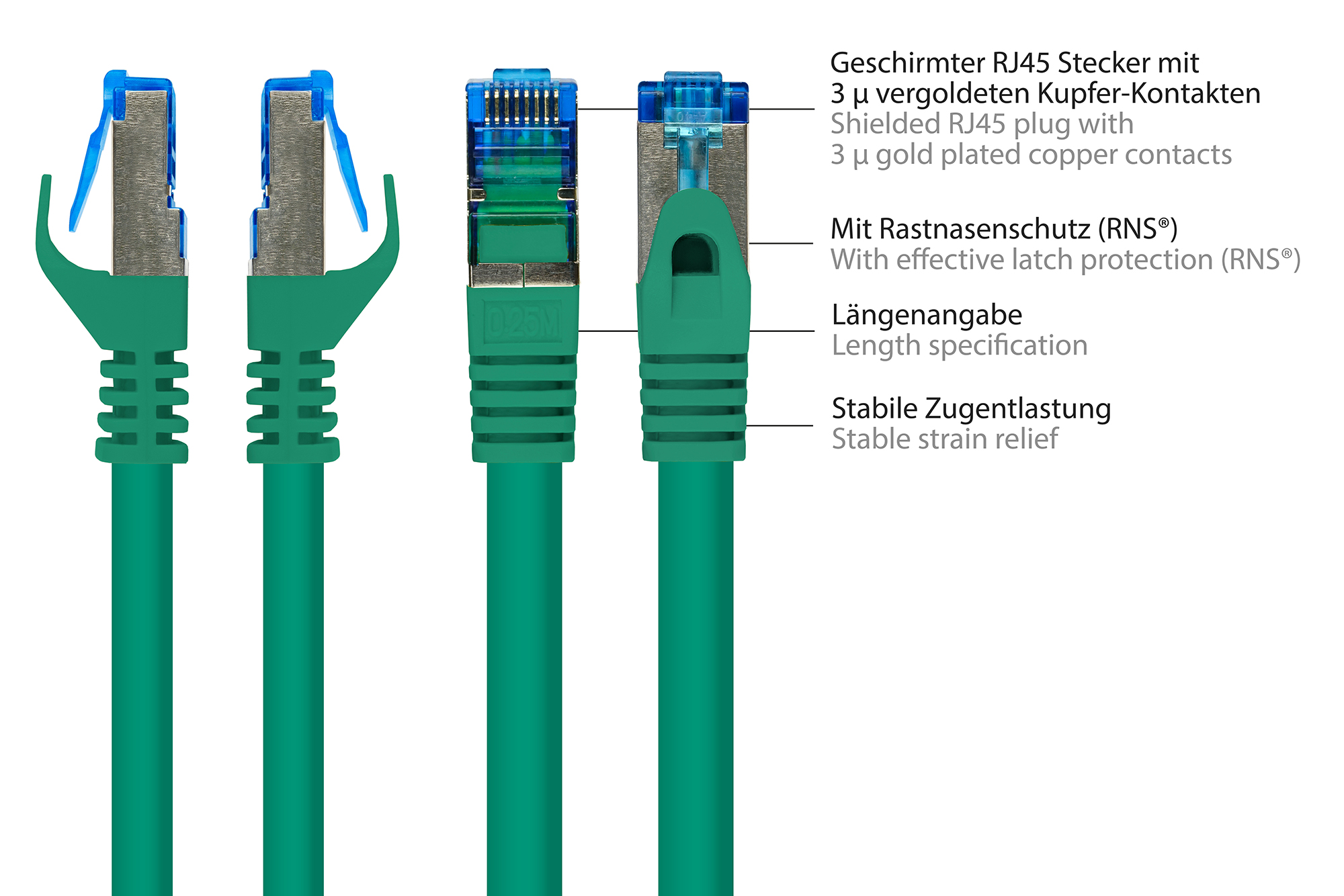 RNS® Patchkabel mit Rastnasenschutz, Cat. 6A, S/FTP, PiMF, halogenfrei, 500MHz, grün, 5m, Good Connections®
