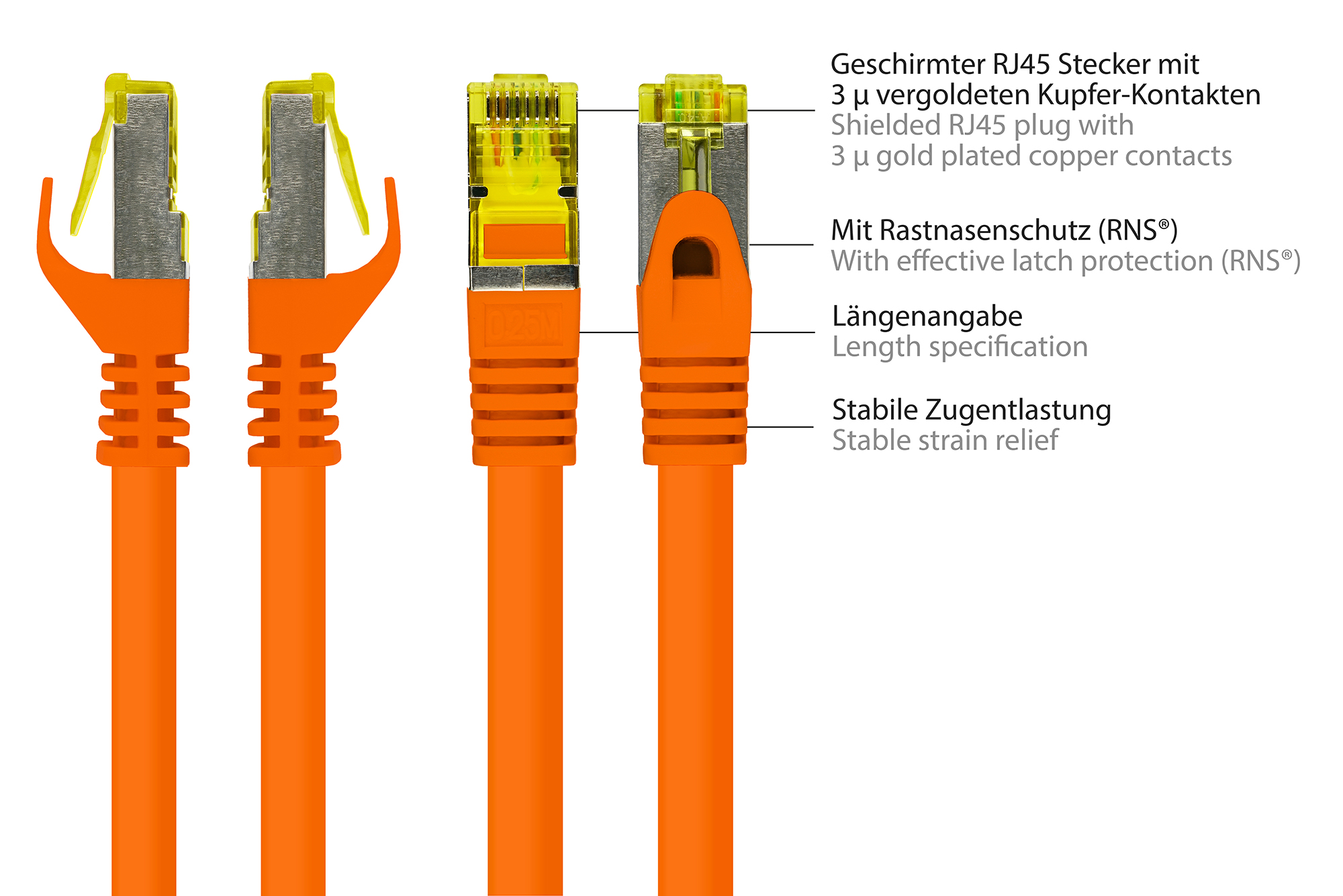 RJ45 Patchkabel mit Cat. 7 Rohkabel und Rastnasenschutz (RNS®), S/FTP, PiMF, halogenfrei, 500MHz, OFC, orange, 1,5m, Good Connections®