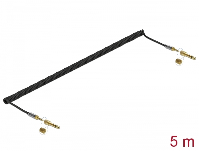 Spiralkabel 3,5 mm 3 Pin Klinkenstecker an Klinkenstecker mit Schraubadapter, schwarz, 5 m, Delock® [85839]
