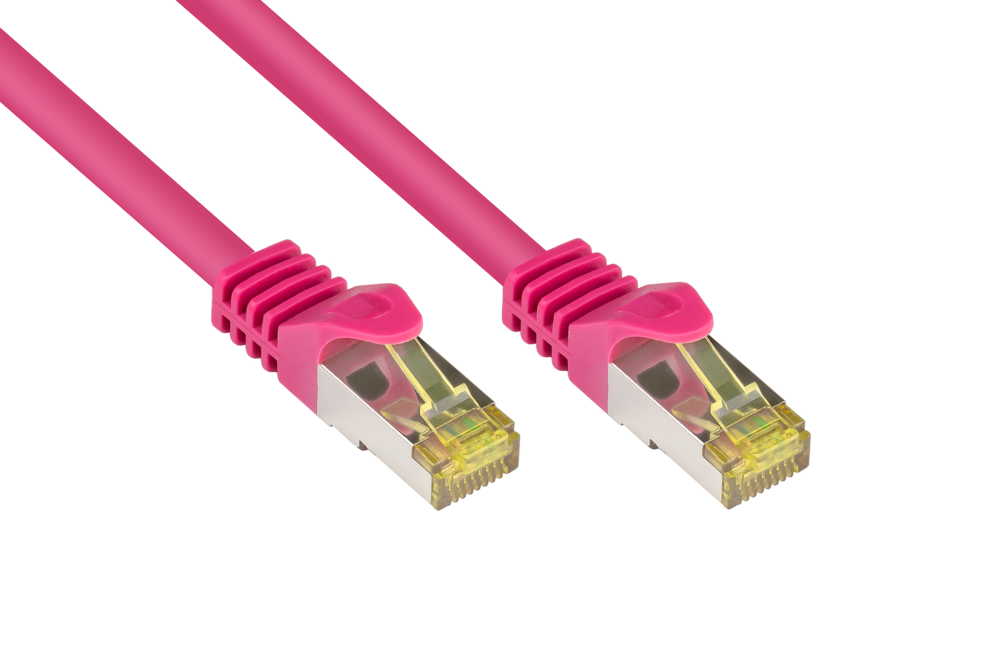RJ45 Patchkabel mit Cat. 7 Rohkabel und Rastnasenschutz (RNS®), S/FTP, PiMF, halogenfrei, 500MHz, OFC, magenta, 25m, Good Connections®