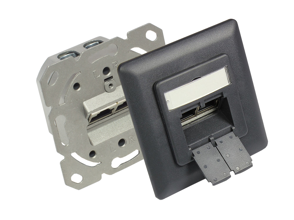 Netzwerkdose Cat. 6A, 2xRJ45, geschirmt, Unterputzdose, inkl. Zentralstück und Abdeckrahmen, anthrazitgrau (matt) RAL7016, Good Connections