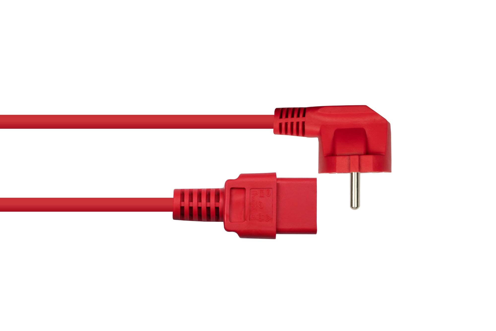 kabelmeister® Netzkabel Schutzkontakt-Stecker Typ E+F (90° gew.) an Kaltgeräte-Buchse C19, rot, 1,00mm², 1,8m