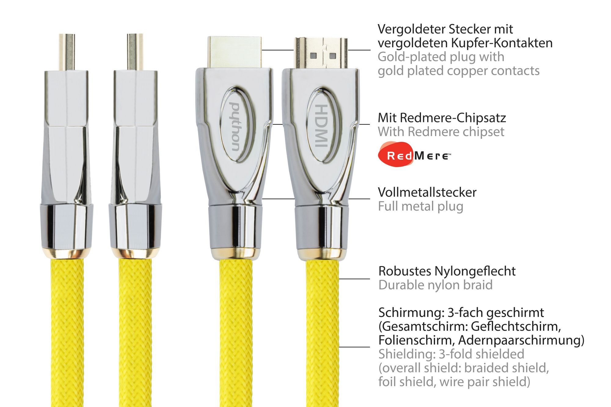 Anschlusskabel High-Speed-HDMI® mit Ethernet 4K2K / UHD, AKTIV (Redmere Chipsatz), OFC, Nylongeflecht gelb, 30m, PYTHON® Series