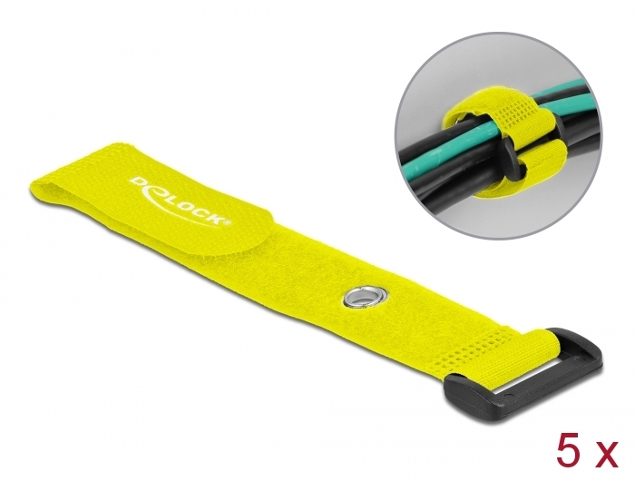Klett-Kabelbinder mit Schlaufe und Befestigungsöse L 190 x B 25 mm gelb 5 Stück, Delock® [19547]