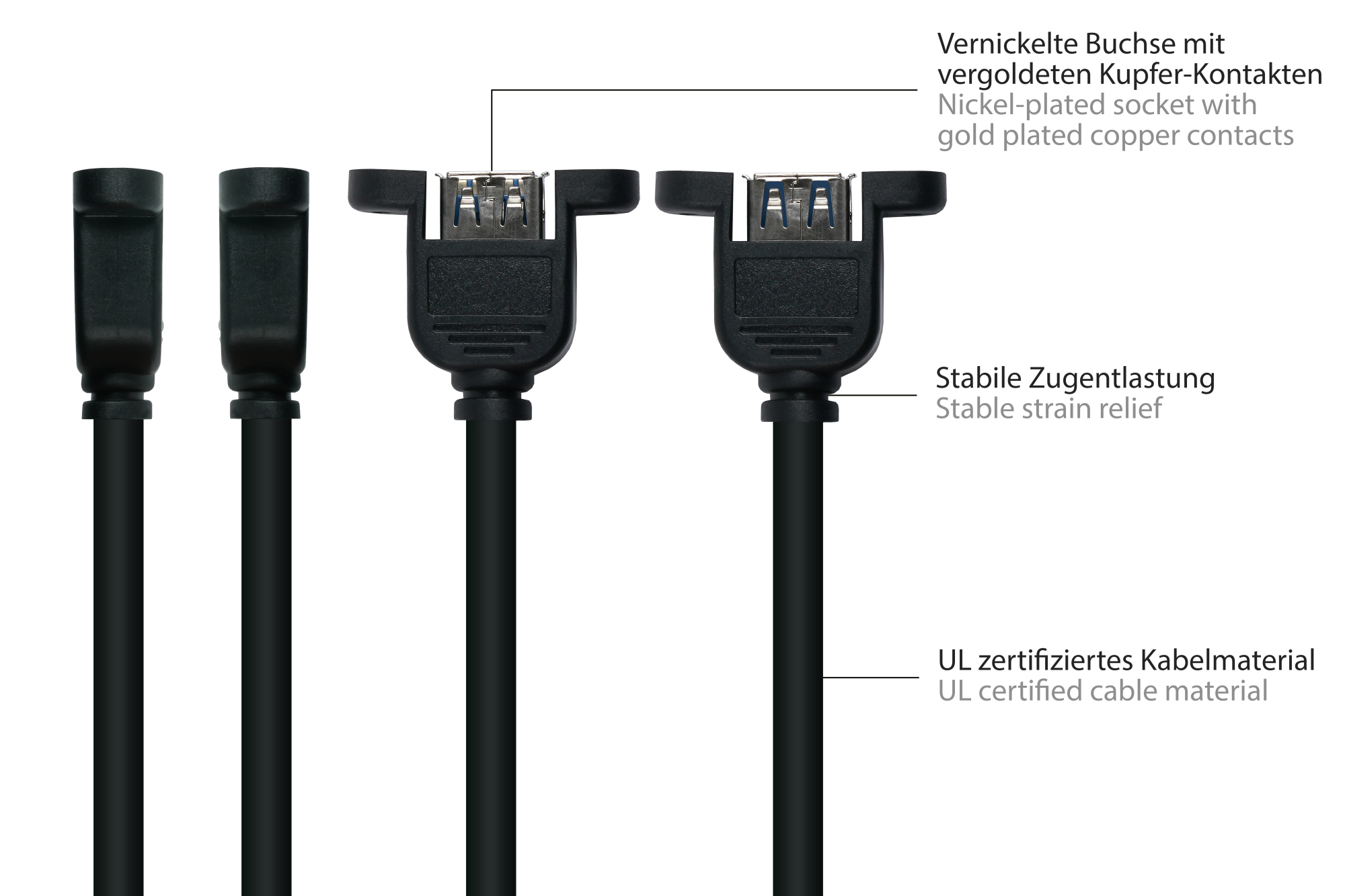 kabelmeister® Einbau-Verlängerungskabel USB 3.0 Stecker A an Einbaubuchse A, Premium, DATA AWG28 / Power AWG24, UL, KUPFER, schwarz, 0,5m