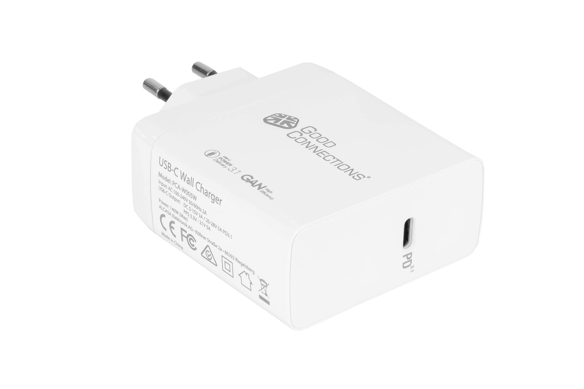 USB-Schnellladegerät 140W mit GaN-Technologie, 1-Port (USB-C™), PD 3.1, QC 5, PPS, inkl. 1,2m Ladekabel, weiß, Good Connections®