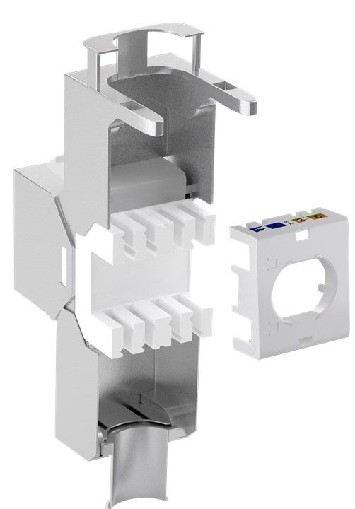 KeyStone RJ45 Jack, Cat. 6A, STP, Slimeline, 500MHz, PoE, RJ45 an Klemmleiste für LSA Montage (werkzeugfrei), silber/schwarz