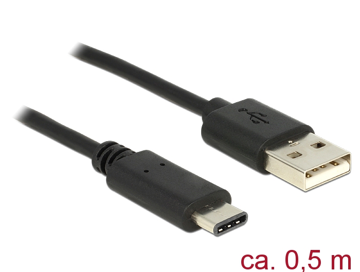 Kabel USB 2.0 Typ-A Stecker an USB Type-C 2.0 Stecker, schwarz, 0,5m, Delock® [83326]
