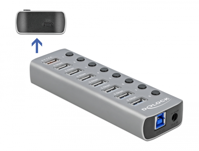 USB 3.2 Gen 1 Hub mit 7 Ports + 1 Schnellladeport + 1 USB-C™ PD 3.0 Port mit Schalter und Beleuchtung, Delock® [63264]