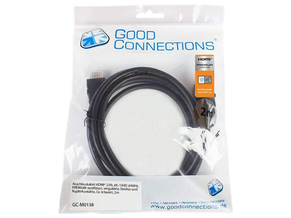 Anschlusskabel HDMI 2.0b, 4K / UHD @60Hz, PREMIUM zertifiziert, 18 Gbit/s, vergoldete Kontakte, CU, schwarz, 2m, Good Connections®