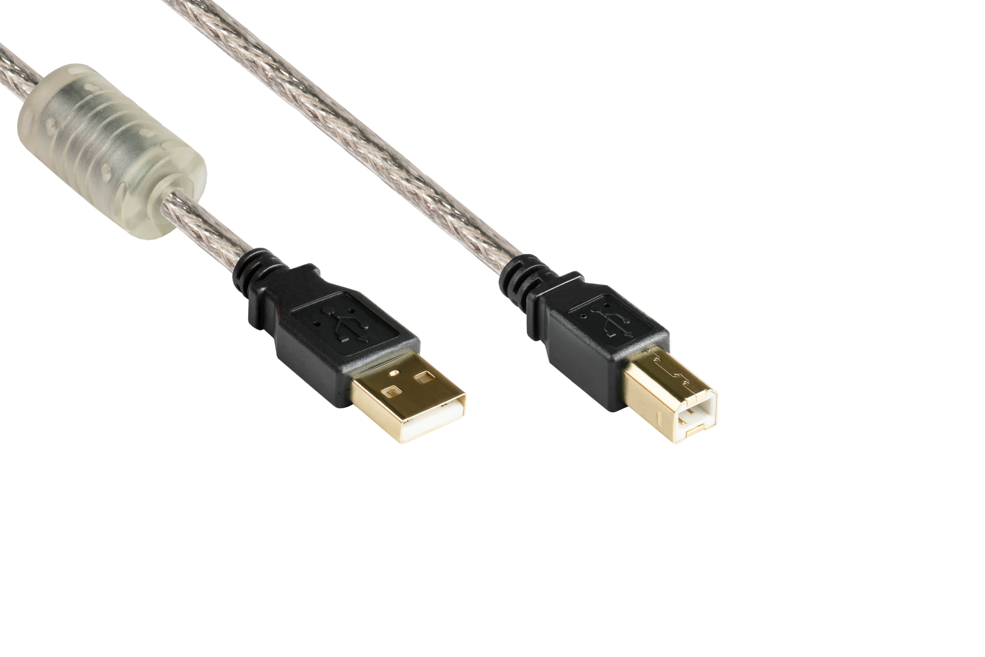 Anschlusskabel USB 2.0 Stecker A an Stecker B, High Quality mit Ferritkern und Goldkontakten, transparent, 1,8m, Good Connections®