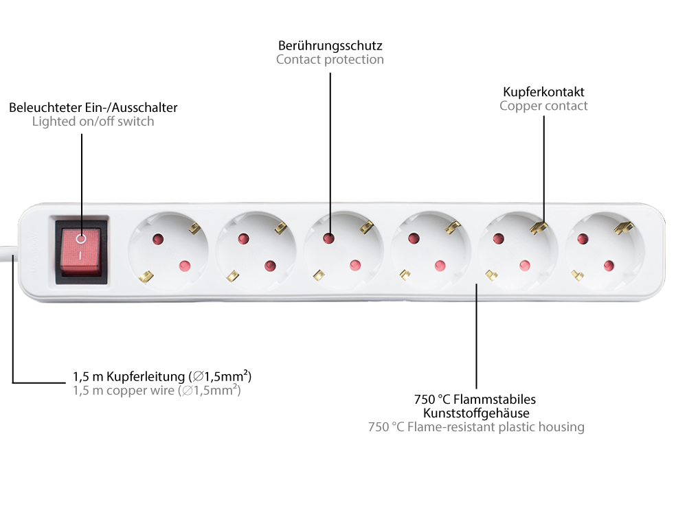 Steckdosenleiste mit Schalter, 6-fach, Schutzkontakt-Stecker an 6x Schutzkontakt-Buchse, Berührungsschutz, weiß, 1,5m, Good Connections®
