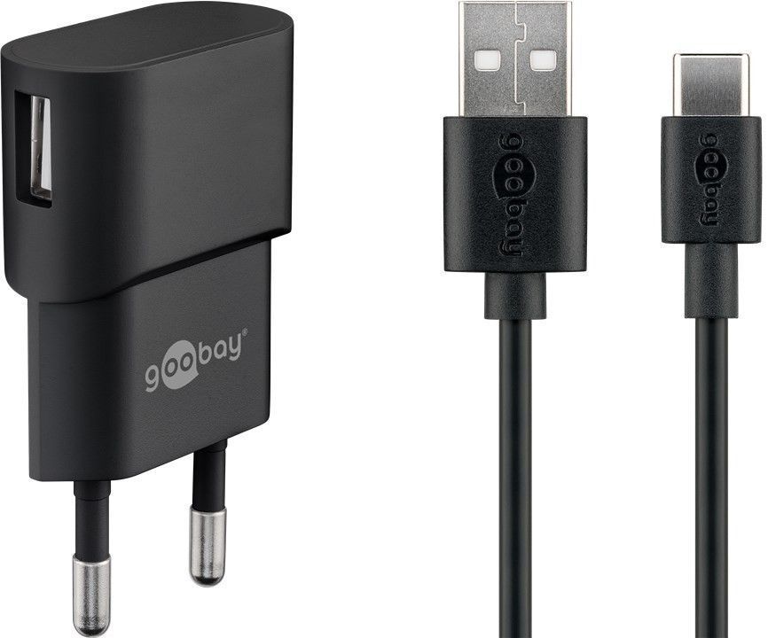 USB-Ladegerät, 1 Port, 1A, inkl. Type-C™ Kabel an USB A Stecker, schwarz, 1m