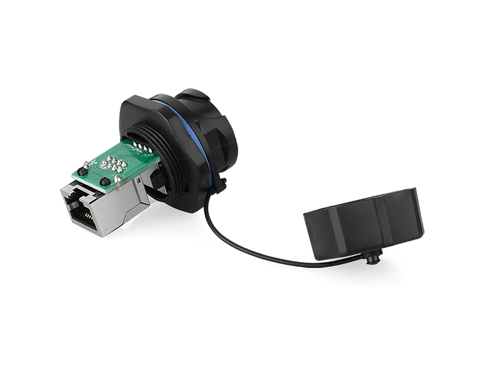 Industrie-Steckverbinder S6 - RJ45 Durchführungskupplung mit PCB-Platine / Leiterplatte, RJ45 Buchse beidseitig, Bajonett, Good Connections®