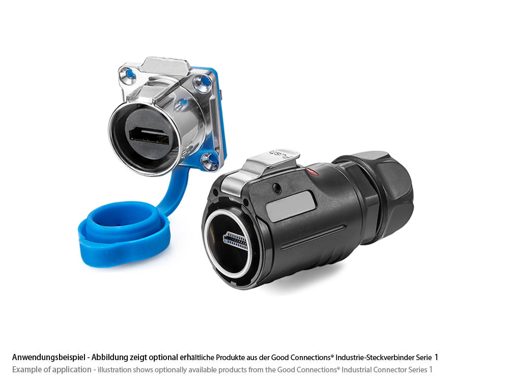 Industrie-Steckverbinder S1 - HDMI Durchführungskupplung mit Flansch, Buchse A beidseitig, Metall, M24, IP65/67, Good Connections®