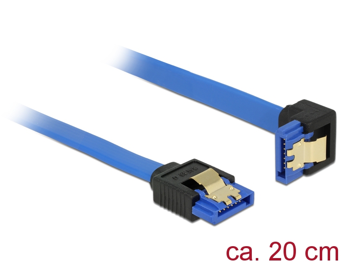 Kabel SATA 6 Gb/s Buchse gerade an SATA Buchse unten gewinkelt, mit Goldclips, blau, 0,2m, Delock® [85089]