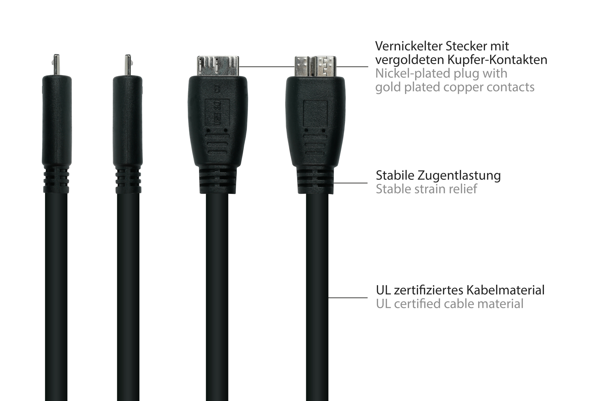 kabelmeister® Anschlusskabel USB 3.0 Stecker A an Stecker Micro B, Premium, DATA AWG28 / Power AWG24, UL, KUPFER, schwarz, 0,5m
