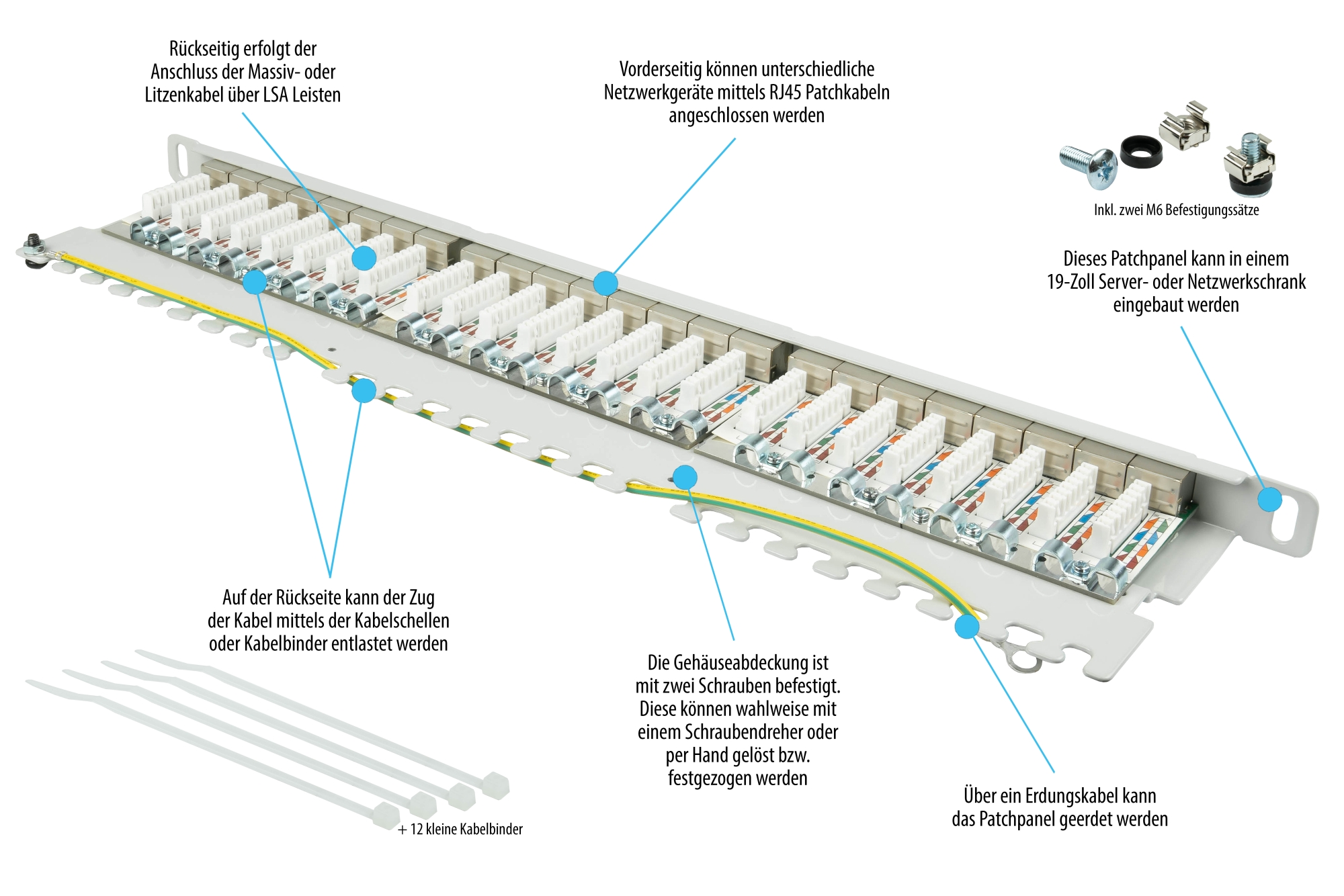 Patchpanel 19" Cat. 6A, 24-Port, 0,5 HE, STP geschirmt, werkzeugloses Öffnen, Lichtgrau (RAL7035), Good Connections®