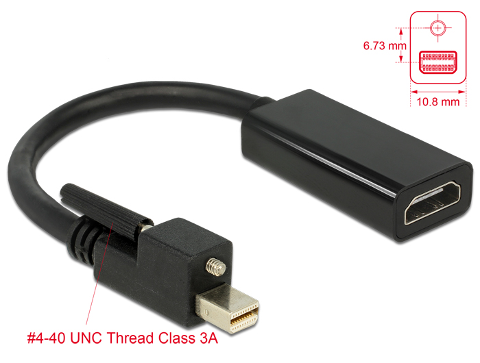 Adapter mini Displayport 1.2 Stecker mit Schraube an HDMI Buchse 4K Aktiv schwarz, Delock® [62640]