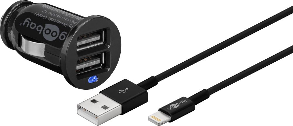 KFZ USB-Ladeadapter, 2-Port, 2,1 A, inkl. Anschlusskabel Apple Lightning Connector an USB A Stecker, schwarz, 1m